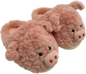 Cute Kawaii Pig Plush Fuzzy Soft Warm Fluffy House Slippers for Women Anti-Slip Rubber Sole Slides
