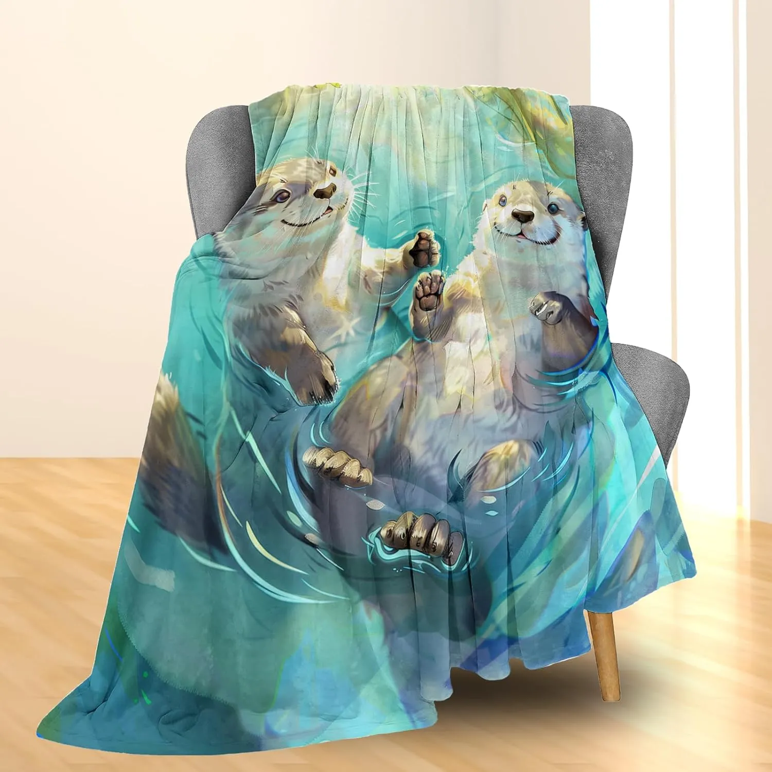 Cute Swimming Otter Blanket - Soft Warm Fuzzy Flannel Throw Blanket, Cozy Lightweight Blankets for Couch, Bed, Travel & Outdoor Use, Ideal for Adults Kids Women Boys Girls 50×60 in