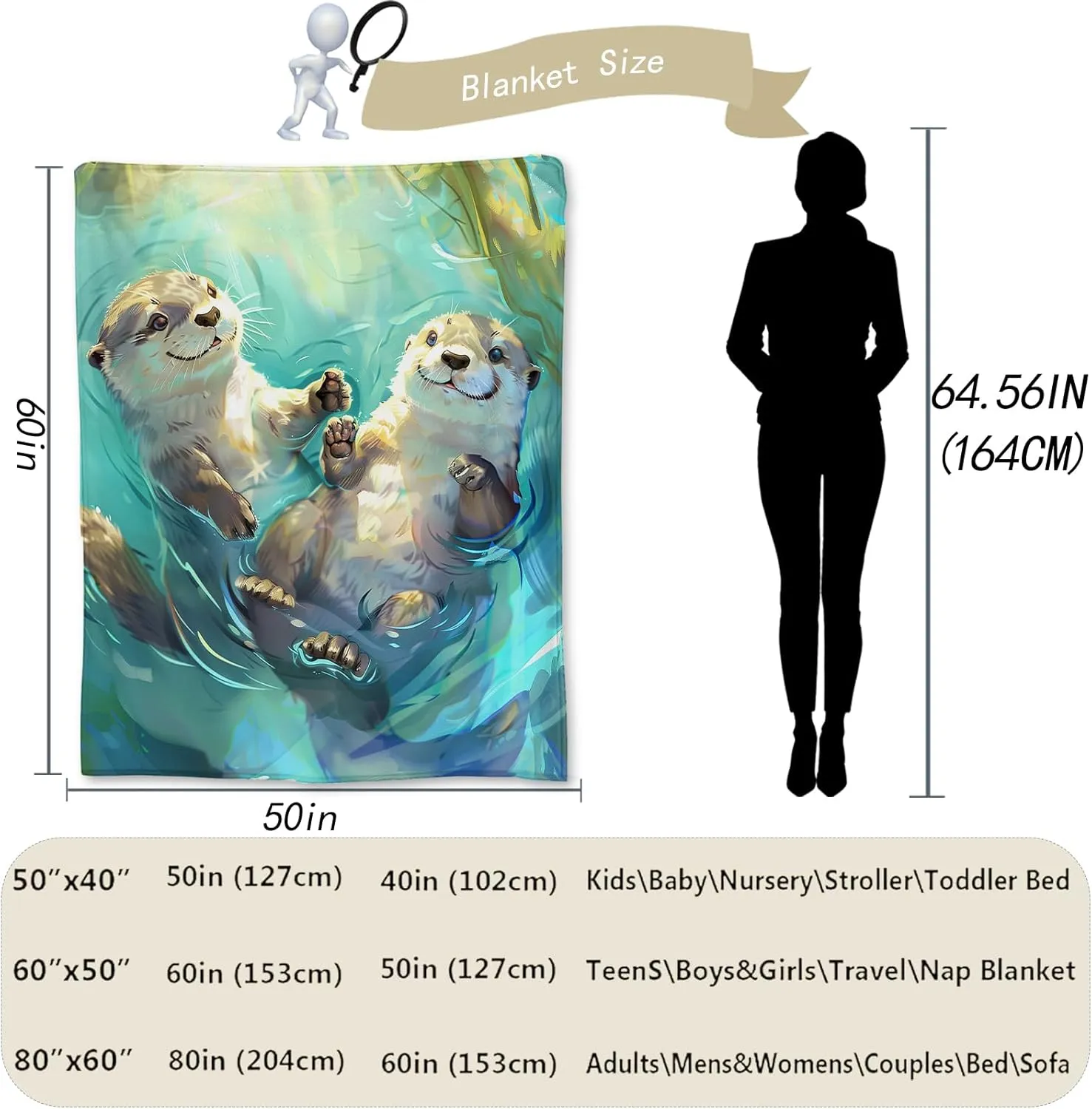 Cute Swimming Otter Blanket - Soft Warm Fuzzy Flannel Throw Blanket, Cozy Lightweight Blankets for Couch, Bed, Travel & Outdoor Use, Ideal for Adults Kids Women Boys Girls 50×60 in