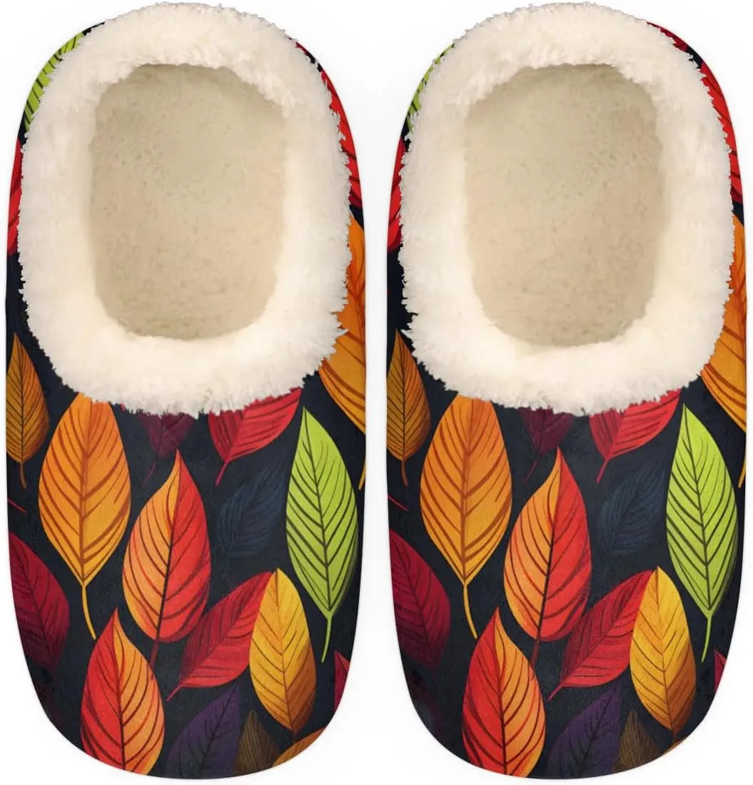 Dark Color Leaf House Slippers for Women Men Indoor Fuzzy Leaves Slippers Closed Back House Shoes Plush Comfy Bedroom Home Slippers