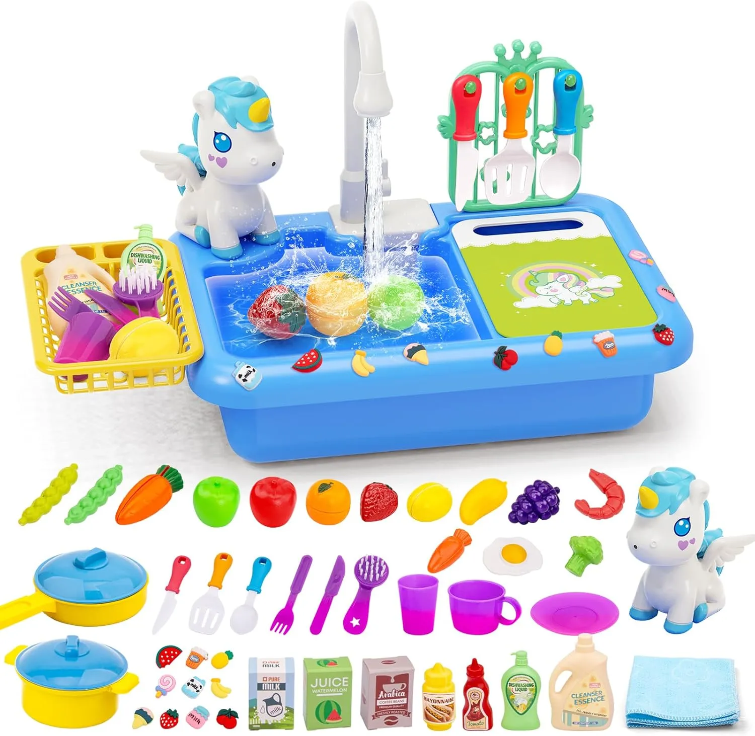 deAO Play Sink with Running Water, Kitchen Sink Toys with Water Spray Toy, Color Changing Dishes, Upgraded Rear Faucet, Play Kitchen Toy Accessories Pretend Role Play Toys for Boys Girls(Blue)