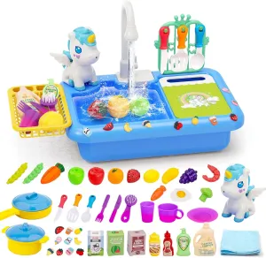 deAO Play Sink with Running Water, Kitchen Sink Toys with Water Spray Toy, Color Changing Dishes, Upgraded Rear Faucet, Play Kitchen Toy Accessories Pretend Role Play Toys for Boys Girls(Blue)