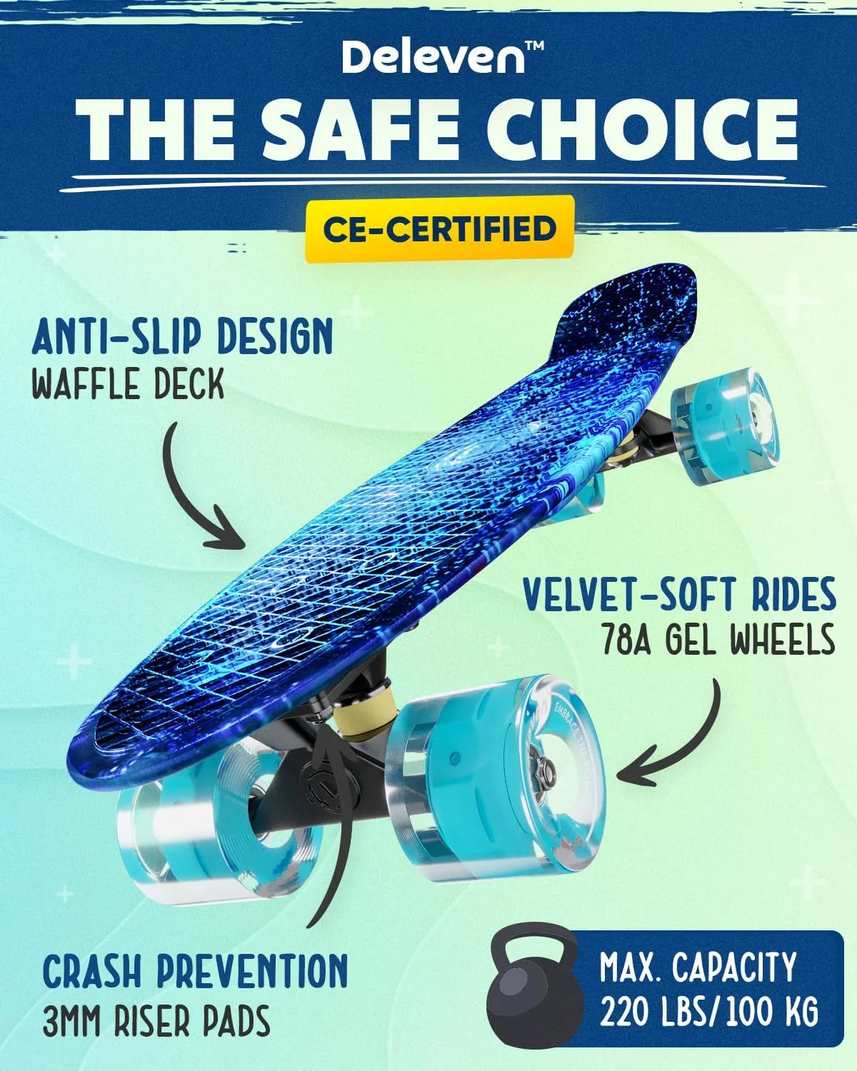 Deleven 22" Skateboard with Skate Tool, ABEC 7 Bearings - Mini Skateboard Cruiser for Kids Beginners Adults Boys & Girls