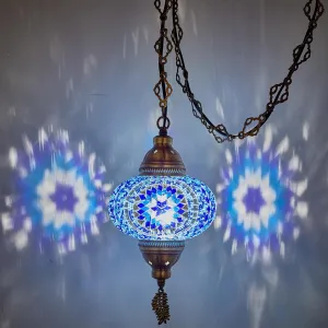 DEMMEX Plug-in Turkish Moroccan Mosaic Hanging Pendant Ceiling Light – Swag Lamp Fixture with 15ft Cord & Chain, Handcrafted Glass, Vintage Tiffany Style, Mediterranean Exotic Decor, (Blue)