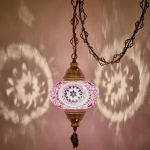 DEMMEX Plug-in Turkish Moroccan Mosaic Hanging Pendant Ceiling Light – Swag Lamp Fixture with 15ft Cord & Chain, Handcrafted Glass, Vintage Tiffany Style, Mediterranean Exotic Decor, (Lilac)