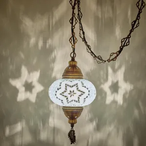 DEMMEX Plug-in Turkish Moroccan Mosaic Hanging Pendant Ceiling Light – Swag Lamp Fixture with 15ft Cord & Chain, Handcrafted Glass, Vintage Tiffany Style, Mediterranean Exotic Decor, (White Clear)