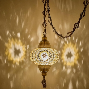 DEMMEX Plug-in Turkish Moroccan Mosaic Hanging Pendant Ceiling Light – Swag Lamp Fixture with 15ft Cord & Chain, Handcrafted Glass, Vintage Tiffany Style, Mediterranean Exotic Decor, (Brown Amber)