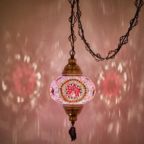 DEMMEX Plug-in Turkish Moroccan Mosaic Hanging Pendant Ceiling Light – Swag Lamp Fixture with 15ft Cord & Chain, Handcrafted Glass, Vintage Tiffany Style, Mediterranean Exotic Decor, (Pink - Red)