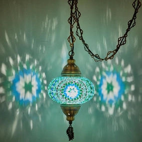 DEMMEX Plug-in Turkish Moroccan Mosaic Hanging Pendant Ceiling Light – Swag Lamp Fixture with 15ft Cord & Chain, Handcrafted Glass, Vintage Tiffany Style, Mediterranean Exotic Decor, (Turquoise)