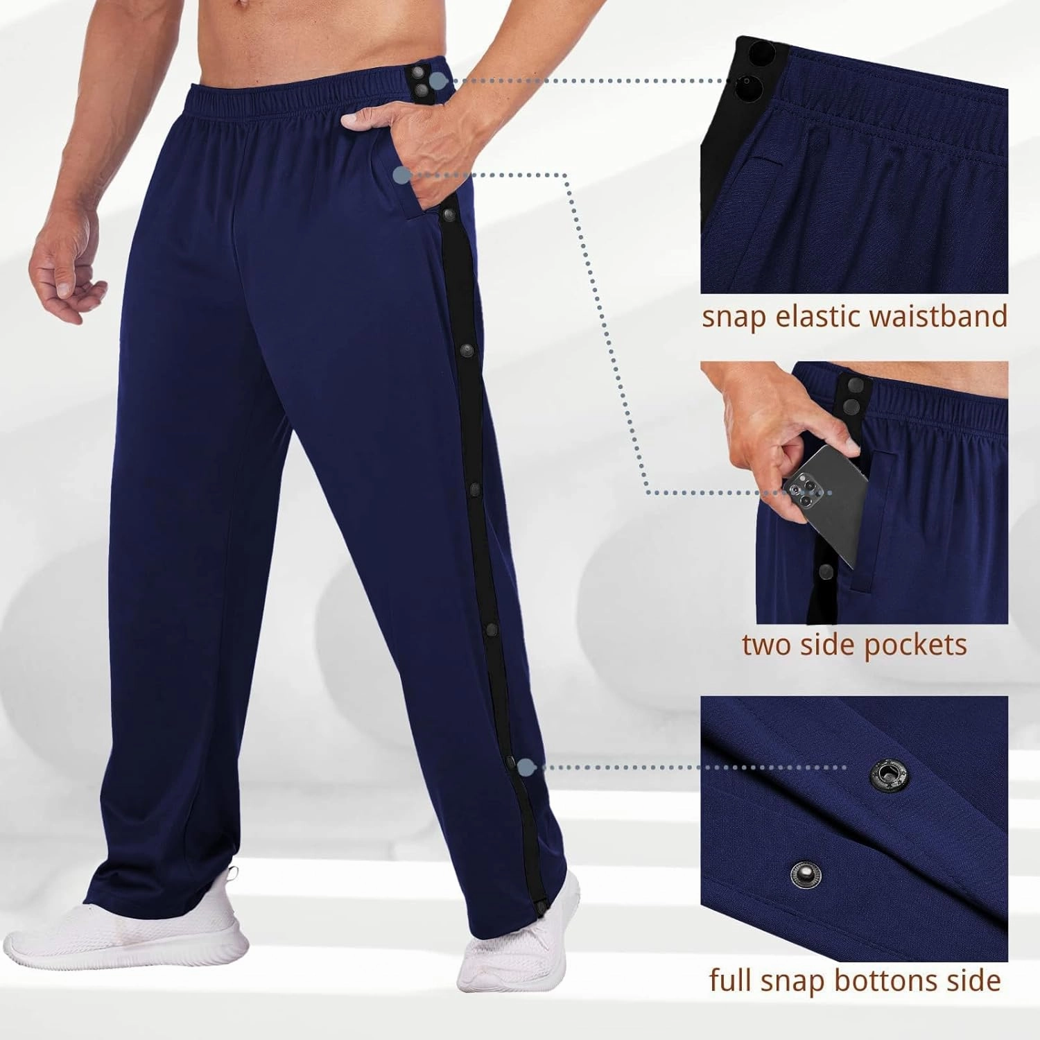 Deyeek Men's Tear Away Basketball Pants High Split Snap Button Casual Post-Surgery Sweatpants with Pockets