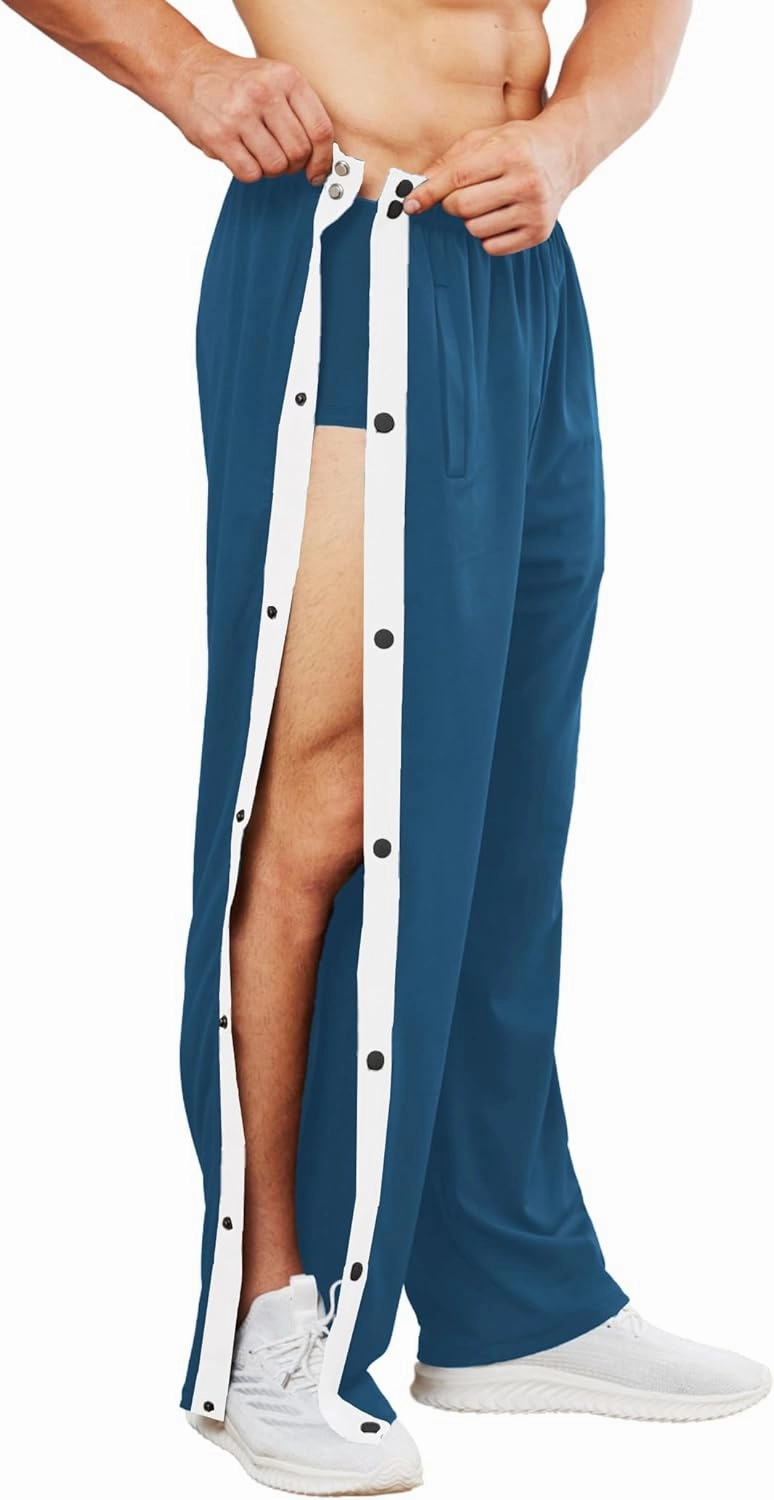Deyeek Men's Tear Away Basketball Pants High Split Snap Button Casual Post-Surgery Sweatpants with Pockets