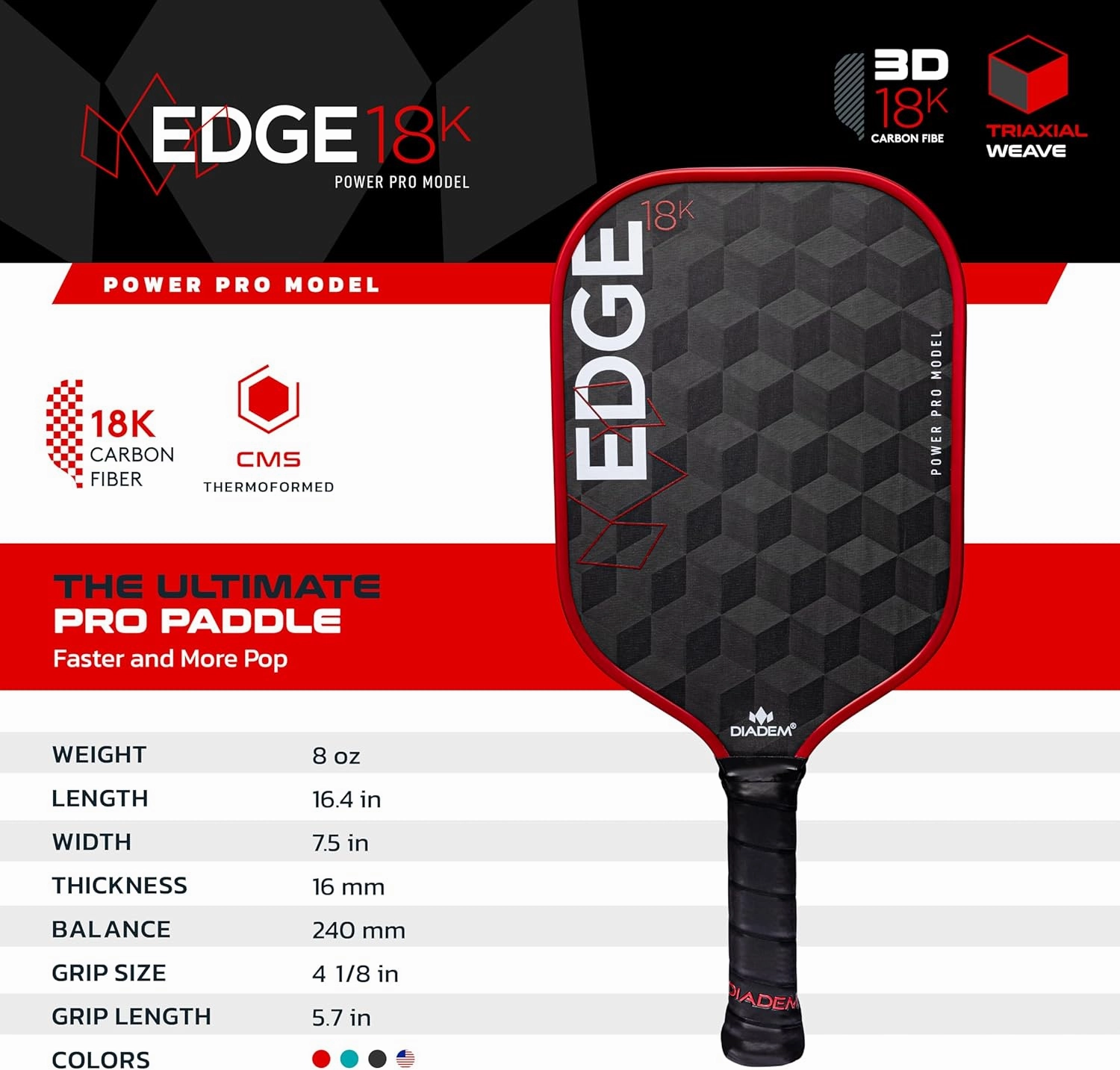 Diadem Edge 18K Pickleball Paddle Series | USAPA Approved | 18K Carbon Fiber Face for Unmatched Spin & Control | Thermoformed & Standard Options | Durable Edge Shield Pro | Multiple Colors & Styles