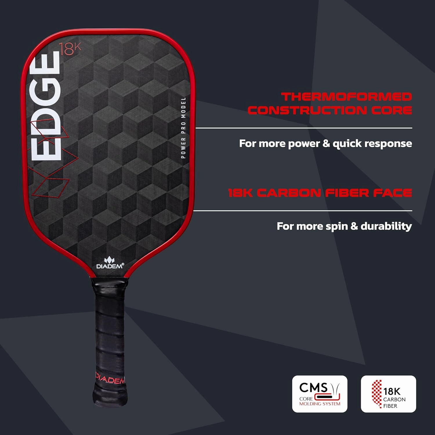 Diadem Edge 18K Pickleball Paddle Series | USAPA Approved | 18K Carbon Fiber Face for Unmatched Spin & Control | Thermoformed & Standard Options | Durable Edge Shield Pro | Multiple Colors & Styles