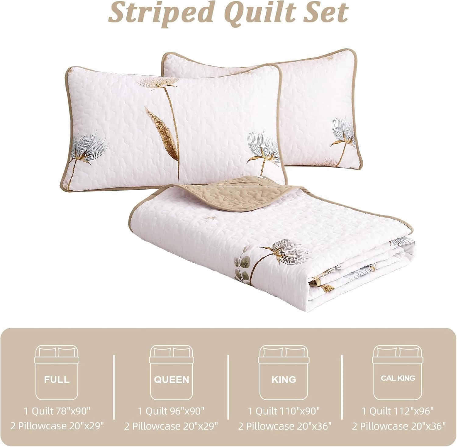 Dinjoy Floral Quilt Set California King Size, Khaki Bedspreads Summer Bedding Set Soft Lightweight Quilts 3 Piece White Oversized Farmhouse Flower Bed Sets (Cal King,112''x96)