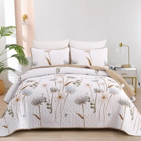 Dinjoy Floral Quilt Set California King Size, Khaki Bedspreads Summer Bedding Set Soft Lightweight Quilts 3 Piece White Oversized Farmhouse Flower Bed Sets (Cal King,112''x96)