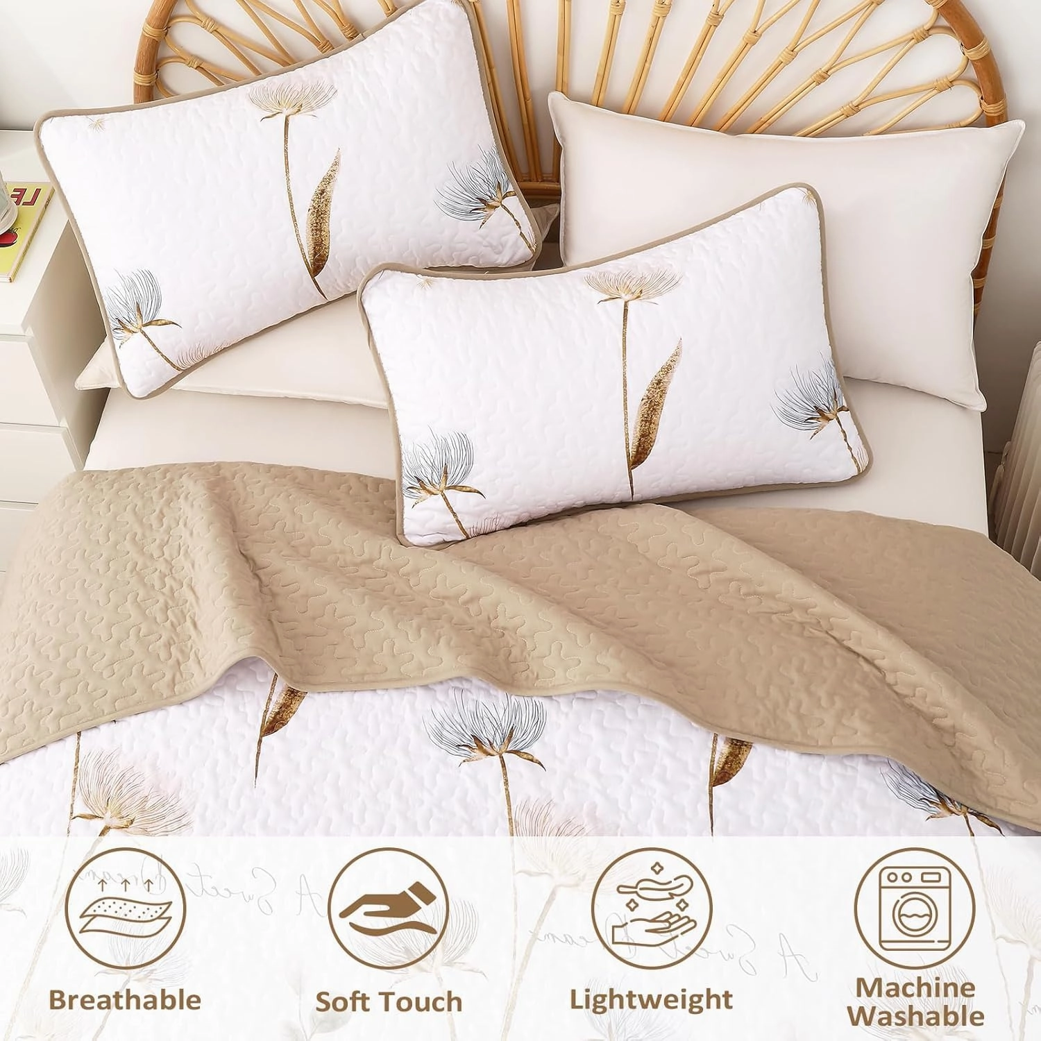 Dinjoy Floral Quilt Set California King Size, Khaki Bedspreads Summer Bedding Set Soft Lightweight Quilts 3 Piece White Oversized Farmhouse Flower Bed Sets (Cal King,112''x96)