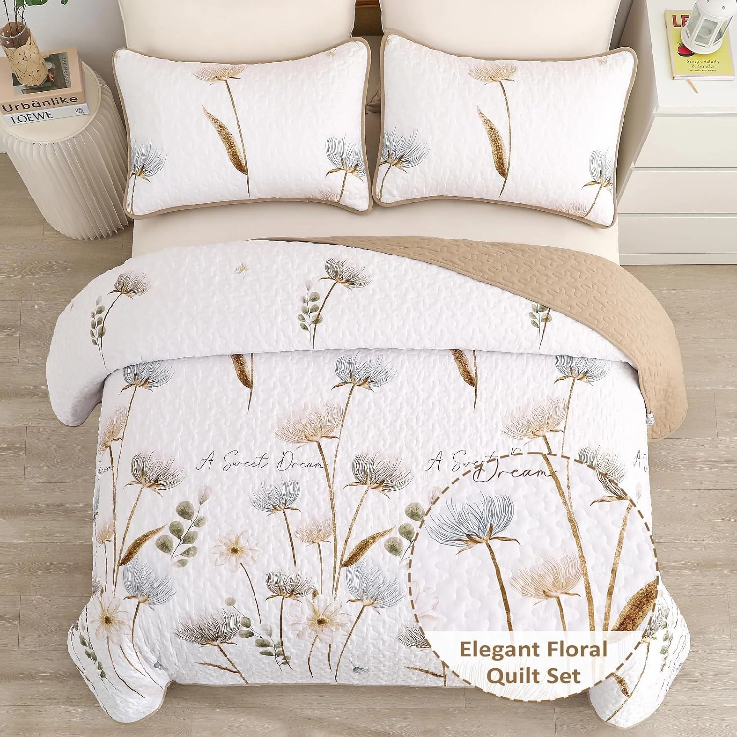 Dinjoy Floral Quilt Set California King Size, Khaki Bedspreads Summer Bedding Set Soft Lightweight Quilts 3 Piece White Oversized Farmhouse Flower Bed Sets (Cal King,112''x96)