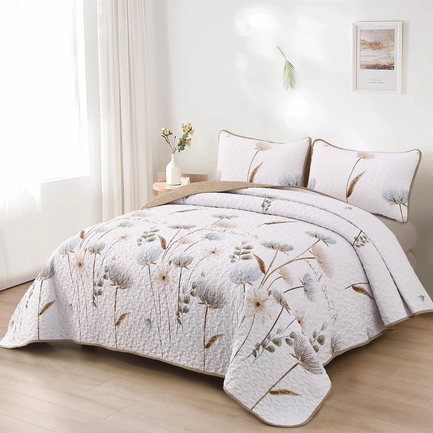 Dinjoy Floral Quilt Set California King Size, Khaki Bedspreads Summer Bedding Set Soft Lightweight Quilts 3 Piece White Oversized Farmhouse Flower Bed Sets (Cal King,112''x96)
