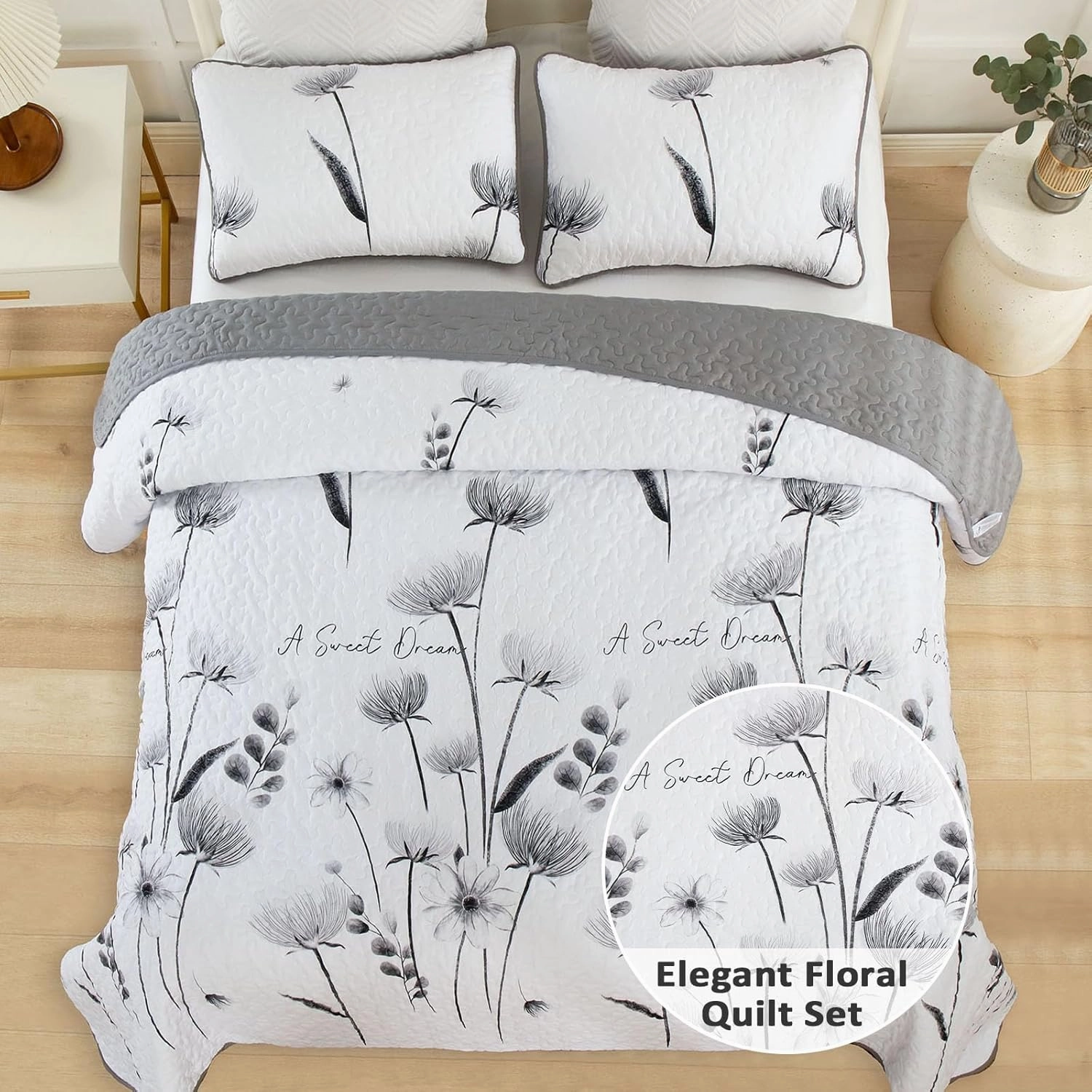 Dinjoy Floral Quilt Set Twin Size, Gray Bedspreads 2 Pieces Cute Bedding Set Lightweight Farmhouse Quilts Soft Flower White Coverlet Sets for Spring Summer 68"x86"