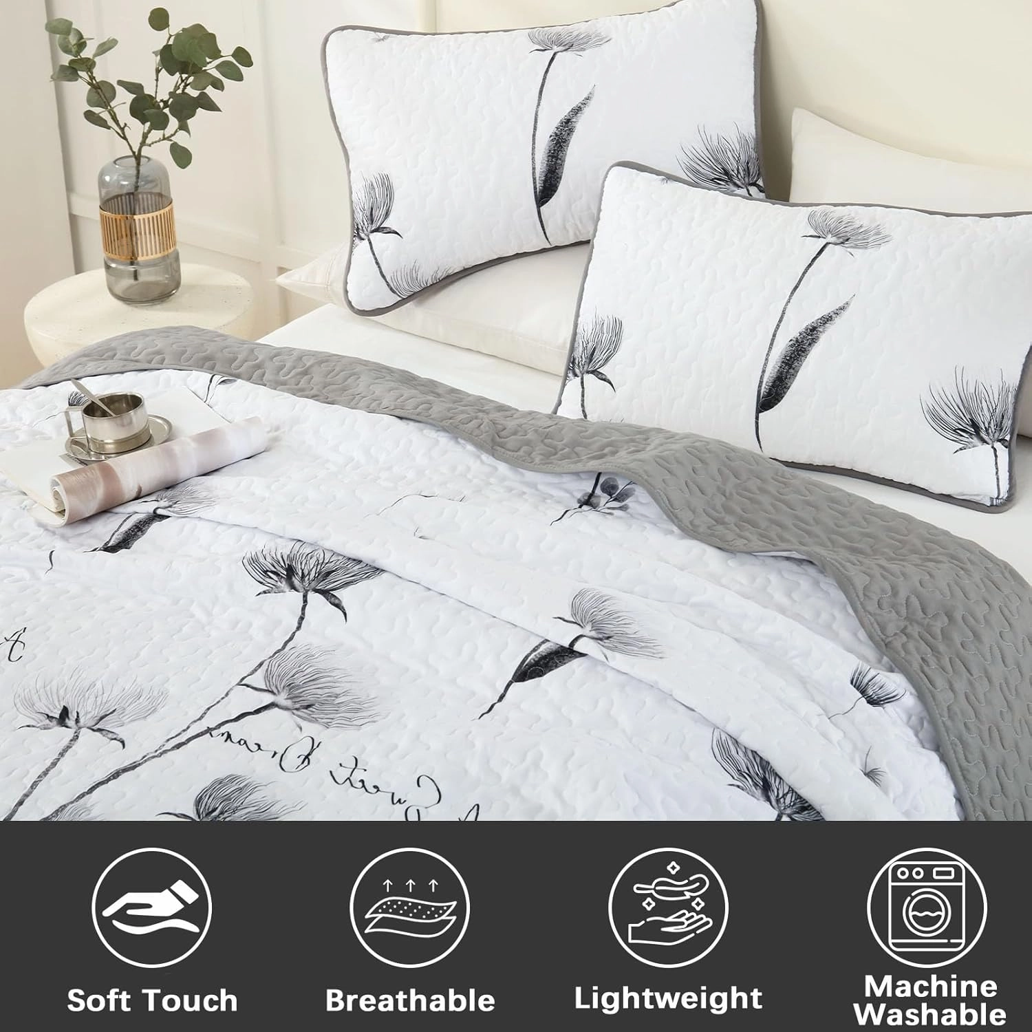 Dinjoy Floral Quilt Set Twin Size, Gray Bedspreads 2 Pieces Cute Bedding Set Lightweight Farmhouse Quilts Soft Flower White Coverlet Sets for Spring Summer 68"x86"