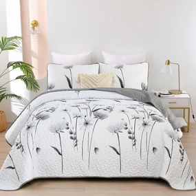 Dinjoy Floral Quilt Set Twin Size, Gray Bedspreads 2 Pieces Cute Bedding Set Lightweight Farmhouse Quilts Soft Flower White Coverlet Sets for Spring Summer 68"x86"