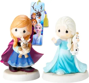 Disney Precious Moments Frozen Figurines - 2 Pc Bundle with 5.75" Porcelain Bisque Figurines Featuring Elsa, Anna, Olaf, Sven Plus Bookmark Frozen Decorations
