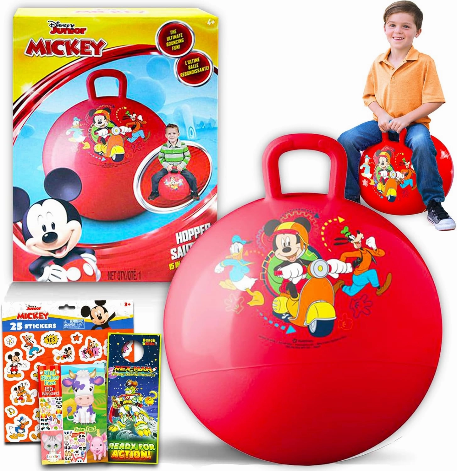 Disney Mickey Mouse Hopper Ball for Kids - Bundle with 15 Inch Mickey Bouncy Ball with Handle, Stickers, and More (Mickey Mouse Outdoor Toys)