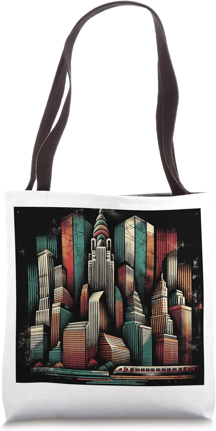 Distressed Futuristic Sci fi Skyscraper Skyline Vintage Tote Bag