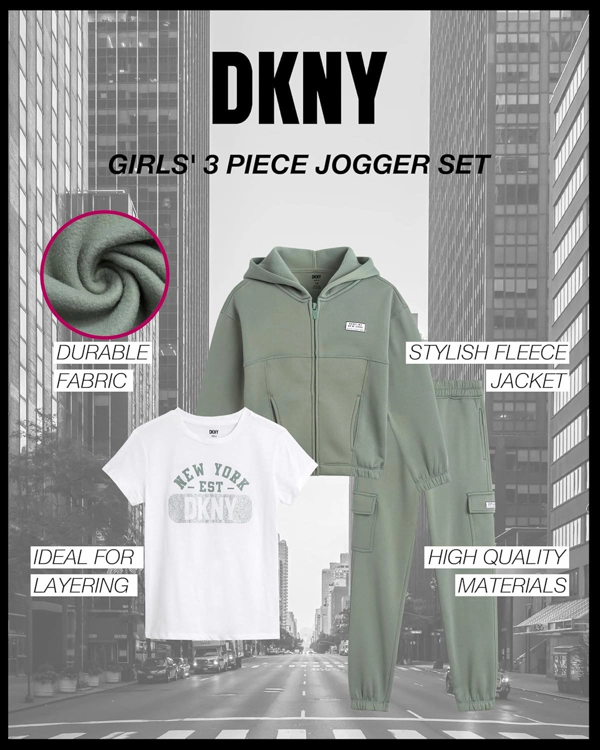 DKNY Girls 3-Piece Athletic Fleece Zip Sweatshirt Hoodie and Jogger Set (4-12)