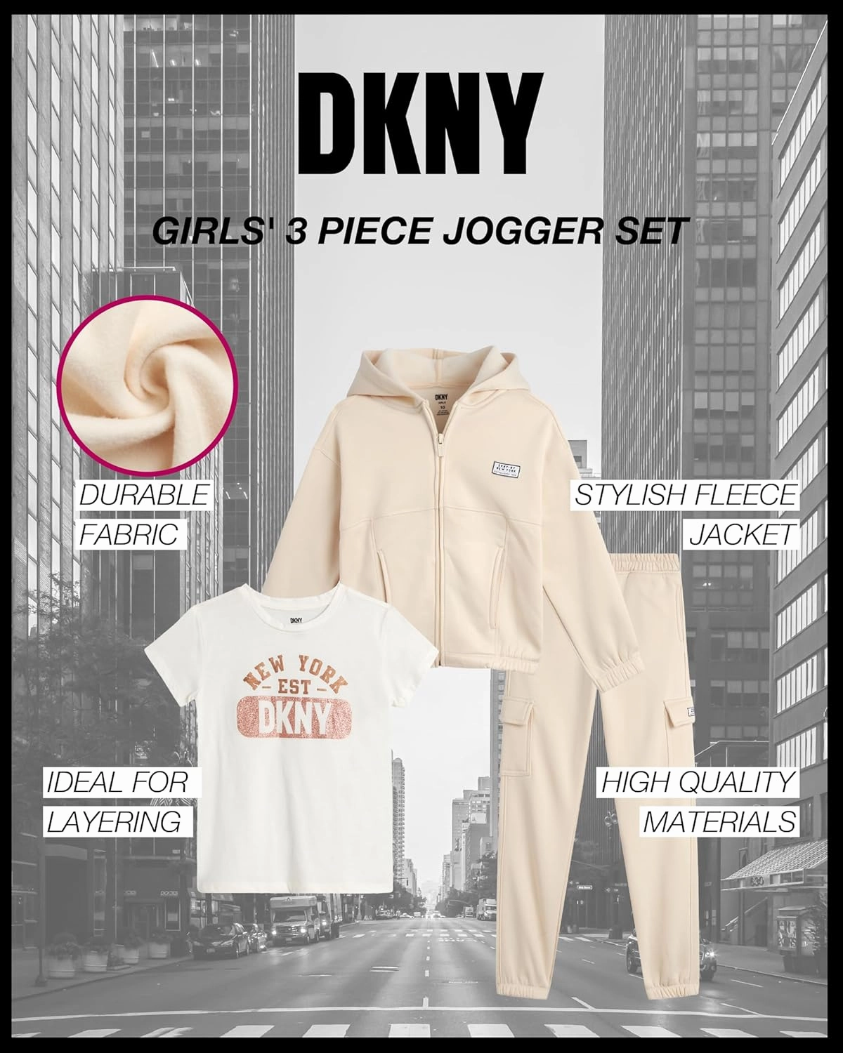 DKNY Girls 3-Piece Athletic Fleece Zip Sweatshirt Hoodie and Jogger Set (4-12)