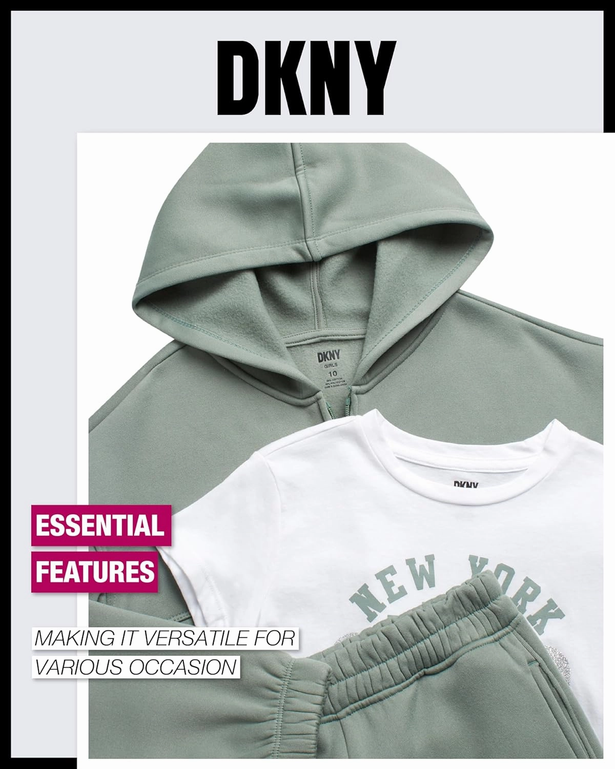 DKNY Girls 3-Piece Athletic Fleece Zip Sweatshirt Hoodie and Jogger Set (4-12)