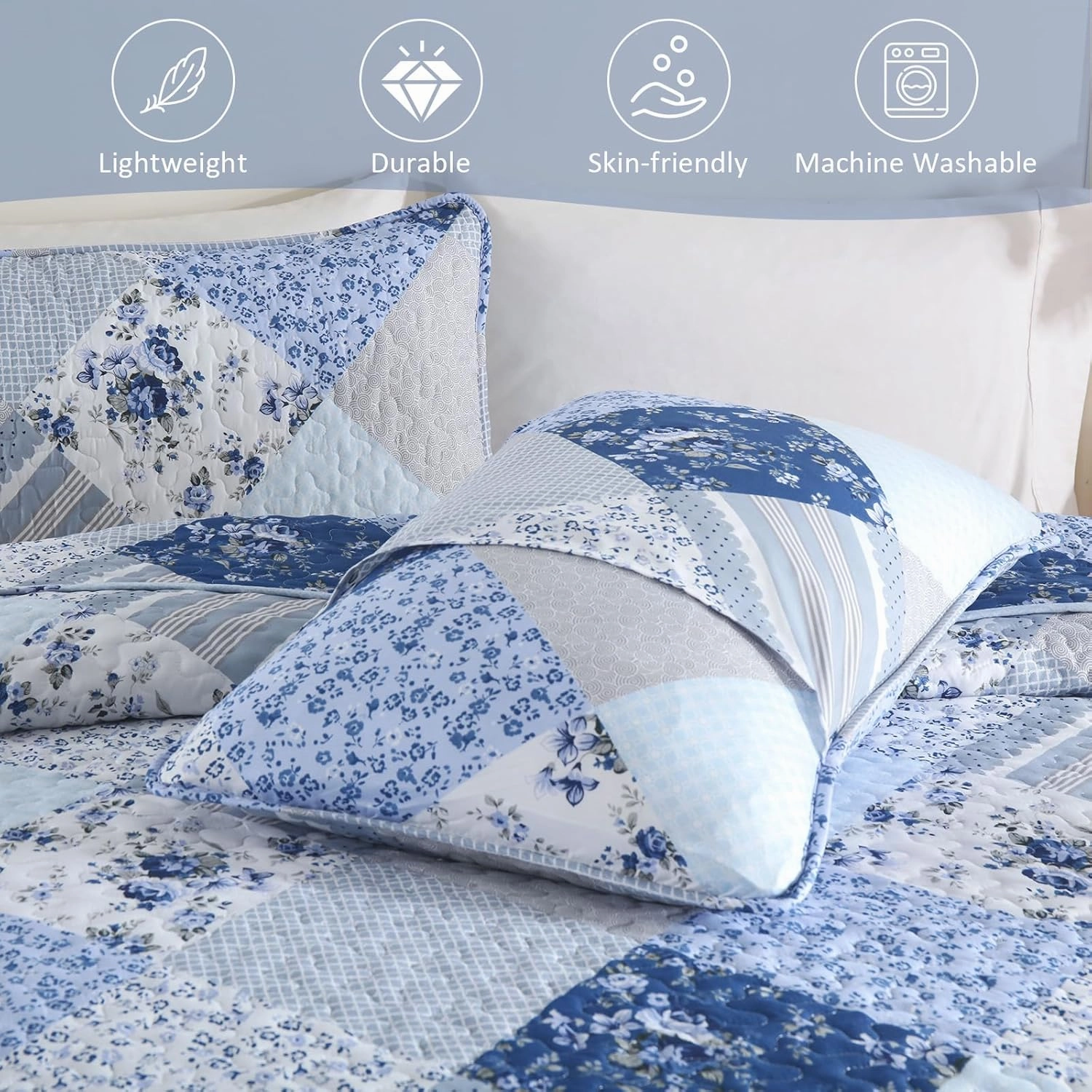 Dobuyly Patchwork King Size Quilt, Light Blue Floral Plaid Bedspread Bedding Set, Soft Lightweight Microfiber Summer Coverlet Set for All Season (1 Quilt, 2 Pillow Shams)
