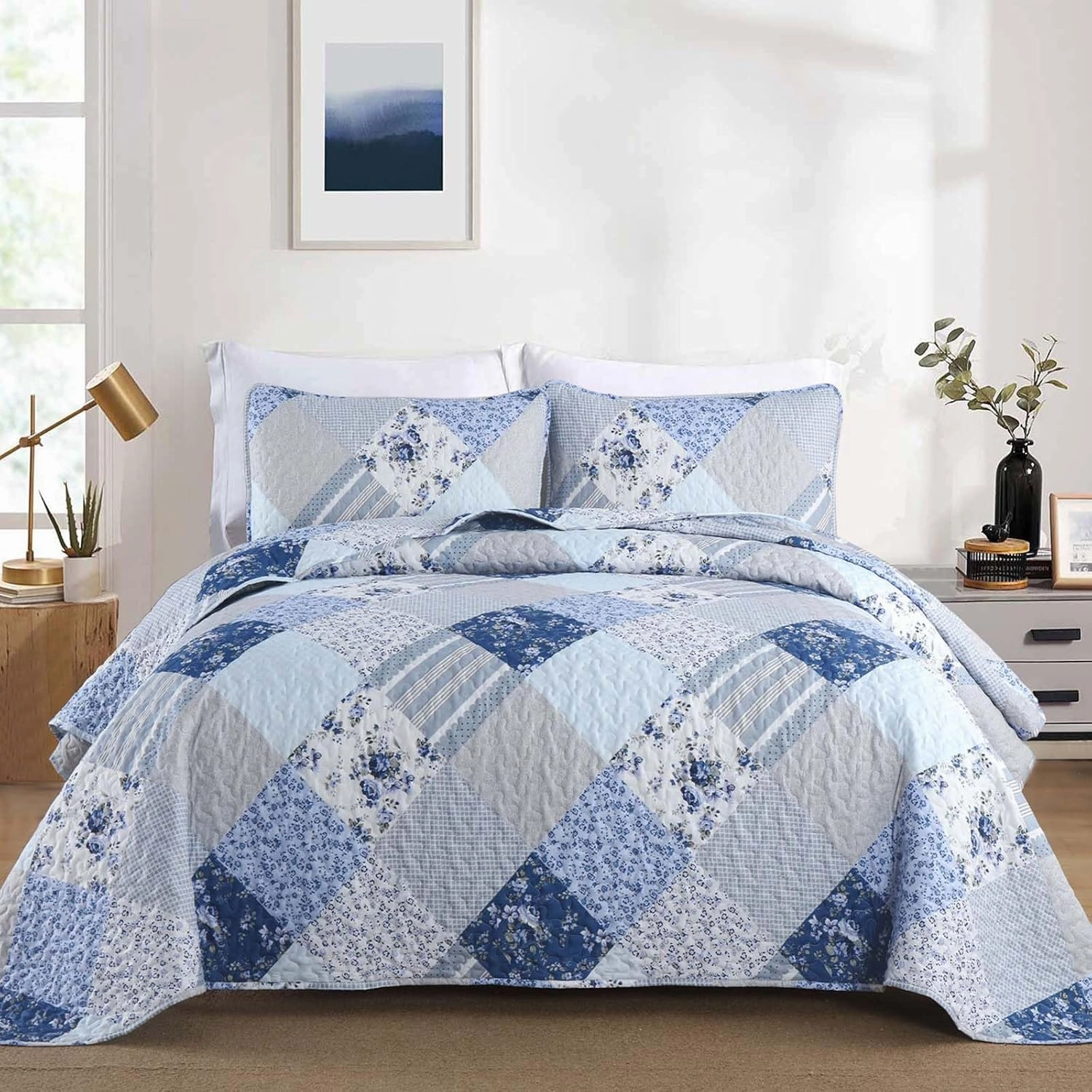 Dobuyly Patchwork King Size Quilt, Light Blue Floral Plaid Bedspread Bedding Set, Soft Lightweight Microfiber Summer Coverlet Set for All Season (1 Quilt, 2 Pillow Shams)