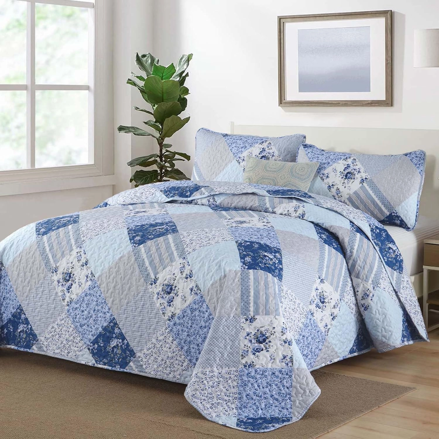 Dobuyly Patchwork King Size Quilt, Light Blue Floral Plaid Bedspread Bedding Set, Soft Lightweight Microfiber Summer Coverlet Set for All Season (1 Quilt, 2 Pillow Shams)