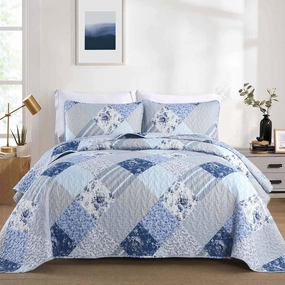 Dobuyly Patchwork King Size Quilt, Light Blue Floral Plaid Bedspread Bedding Set, Soft Lightweight Microfiber Summer Coverlet Set for All Season (1 Quilt, 2 Pillow Shams)