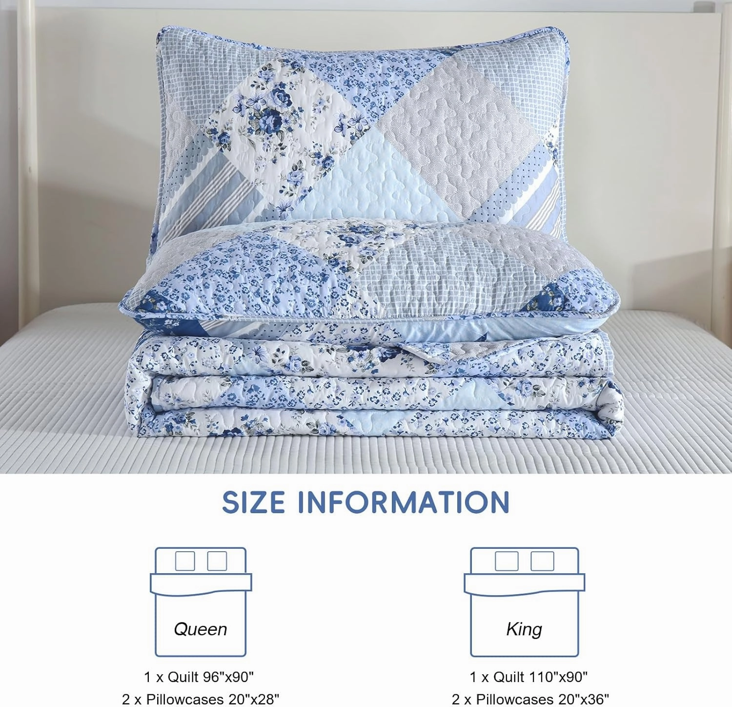 Dobuyly Patchwork King Size Quilt, Light Blue Floral Plaid Bedspread Bedding Set, Soft Lightweight Microfiber Summer Coverlet Set for All Season (1 Quilt, 2 Pillow Shams)