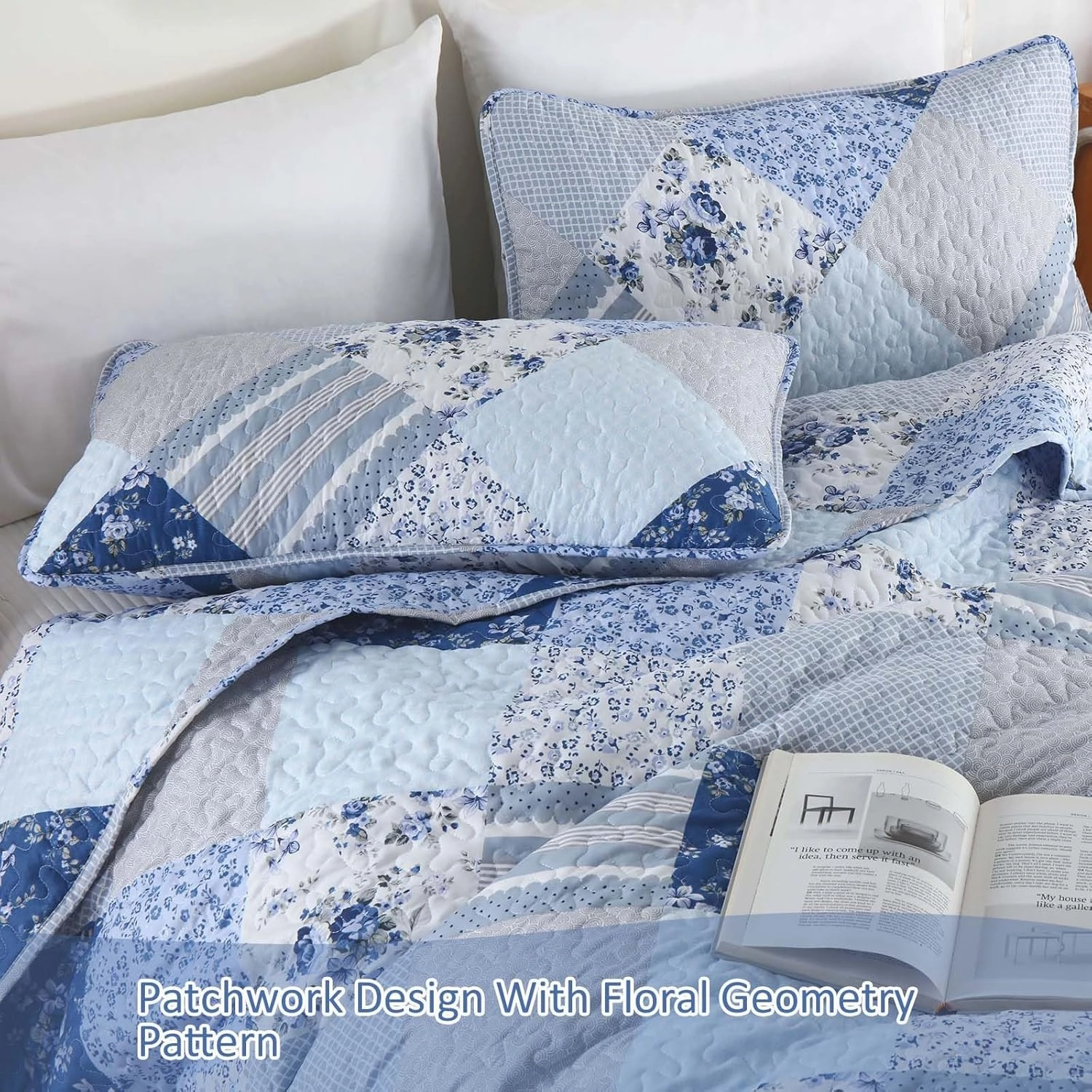 Dobuyly Patchwork King Size Quilt, Light Blue Floral Plaid Bedspread Bedding Set, Soft Lightweight Microfiber Summer Coverlet Set for All Season (1 Quilt, 2 Pillow Shams)
