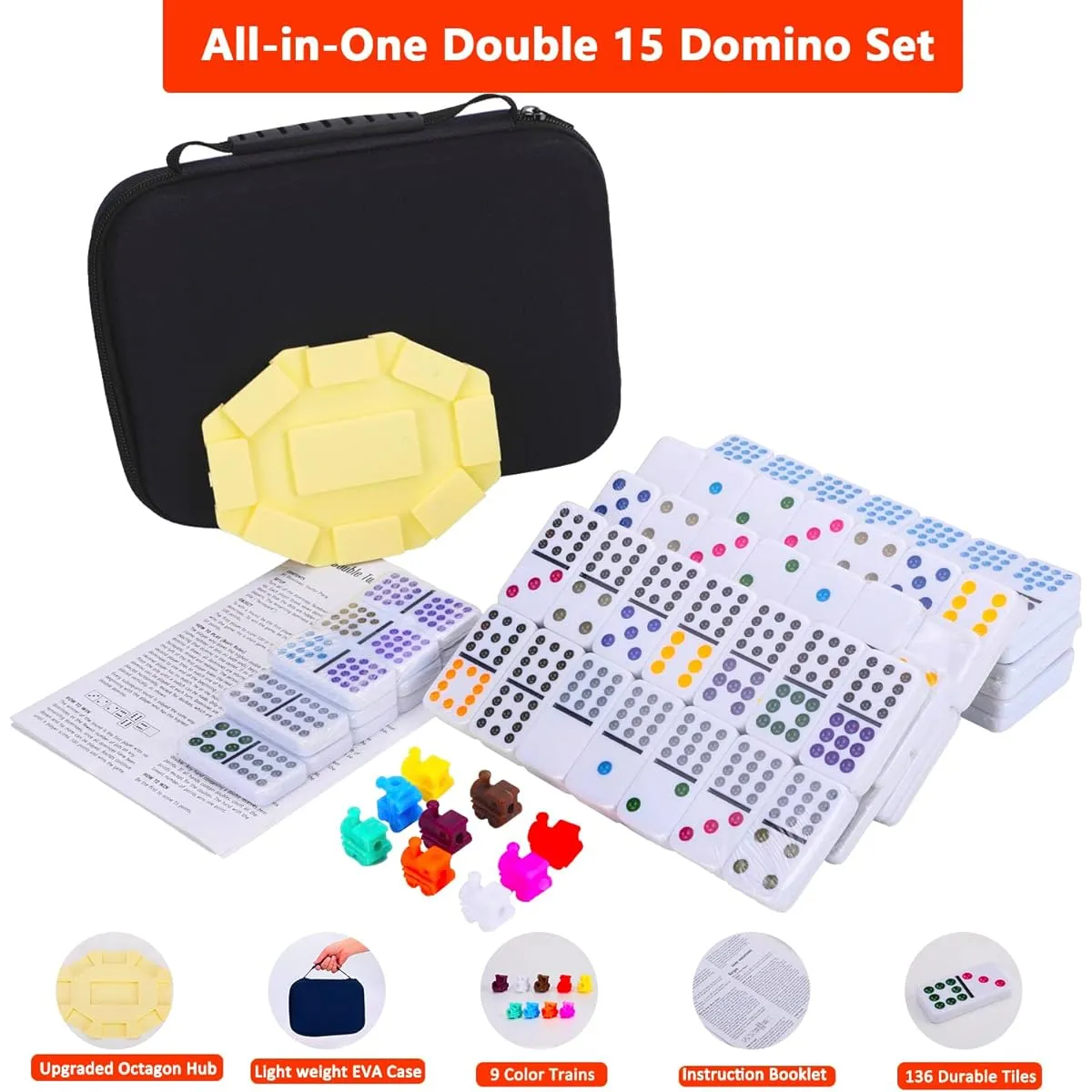 Doreimi Double 15 Domino Set Mexican Train Dots Domino Kit with 136 Colored Tiles Family Board Game with Lightweight EVA Case Portable for Travel Camping