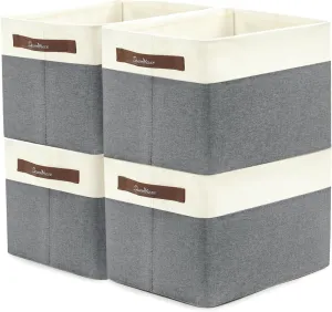 downluxe 4 Pack Collapsible Storage Bins for Shelves, Large Storage Basket with Handles, Fabric Linen Closet Organizers and Storage for Organizing Home, Office, Dormitory, 15"x11"x10", Grey/White