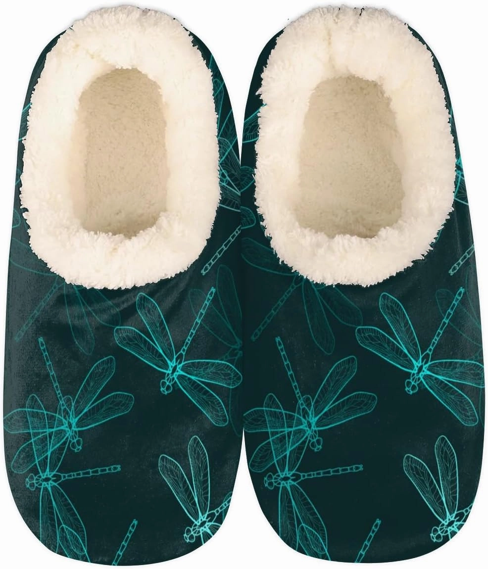 Dragonfly Indigo Green House Slippers for Women Men Indoor Fuzzy Slippers Closed Back Bedroom Shoes Lightweight Cozy Non-slip Home Slippers
