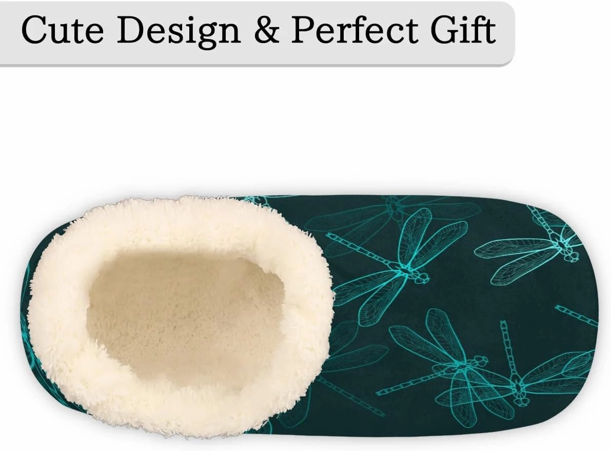 Dragonfly Indigo Green House Slippers for Women Men Indoor Fuzzy Slippers Closed Back Bedroom Shoes Lightweight Cozy Non-slip Home Slippers