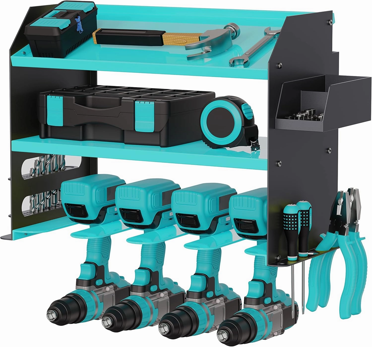 Drill Storage Rack，Power Tool Organizer Drill Holder Wall Mount， Drill Organizer for Garage, Workshop,Drill Bit Storage Shlef, Holds 4 Drills with Screws Box Father's Day Gifts (Blue)