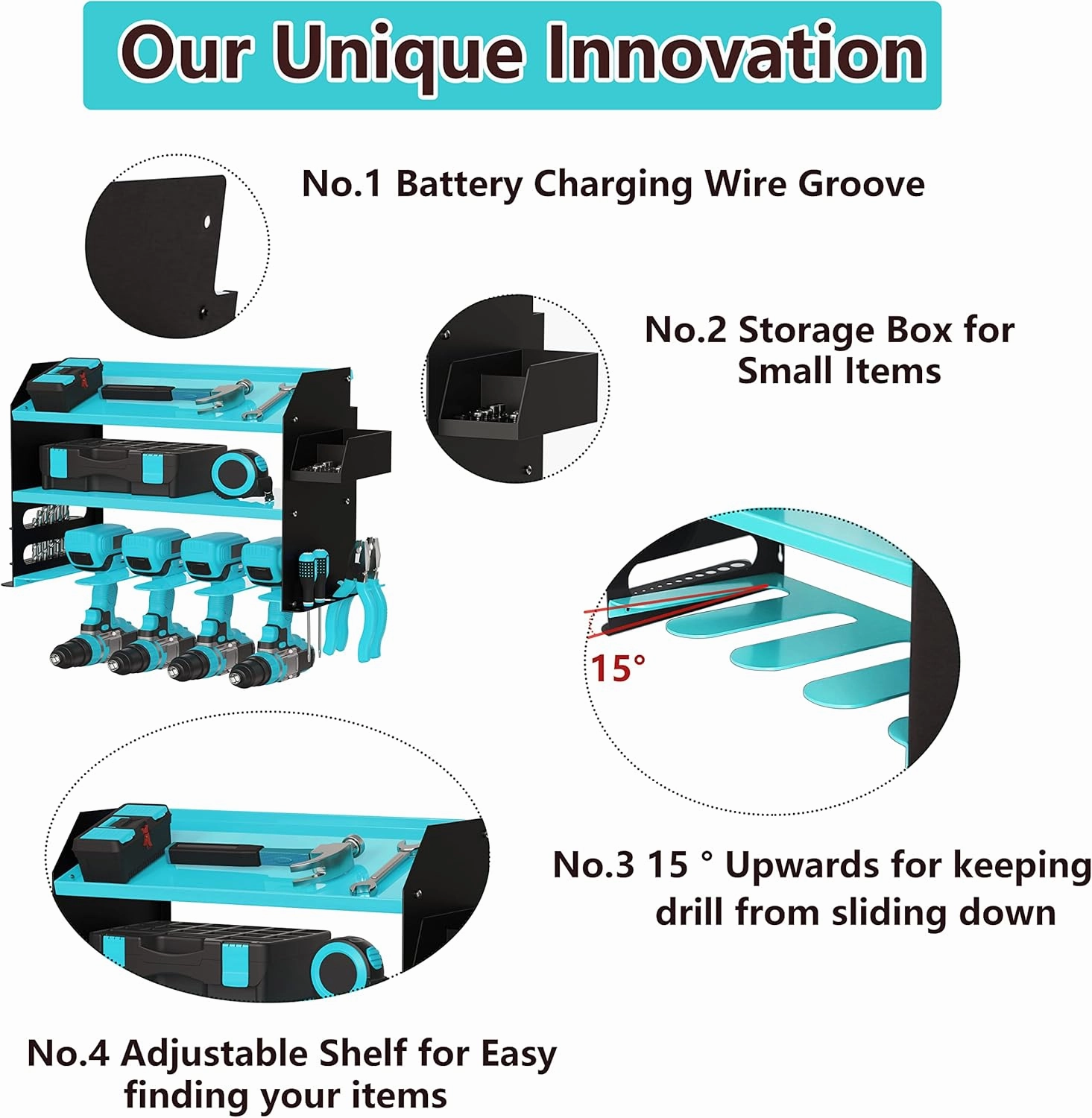 Drill Storage Rack，Power Tool Organizer Drill Holder Wall Mount， Drill Organizer for Garage, Workshop,Drill Bit Storage Shlef, Holds 4 Drills with Screws Box Father's Day Gifts (Blue)