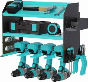 Drill Storage Rack，Power Tool Organizer Drill Holder Wall Mount， Drill Organizer for Garage, Workshop,Drill Bit Storage Shlef, Holds 4 Drills with Screws Box Father's Day Gifts (Blue)