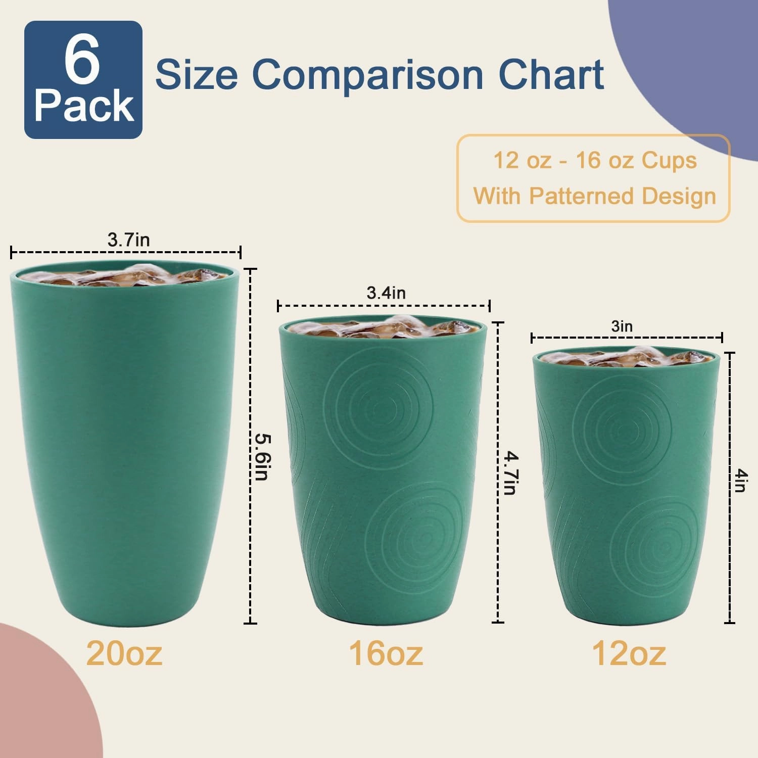 Drinking Cups Set Wheat Straw Cups 16 OZ - Reusable Water Cups Plastic Drinking Glasses 6 PCS Dishwasher Safe Cup Unbreakable Kitchen Cup for Camping, Outdoor Activities -Green