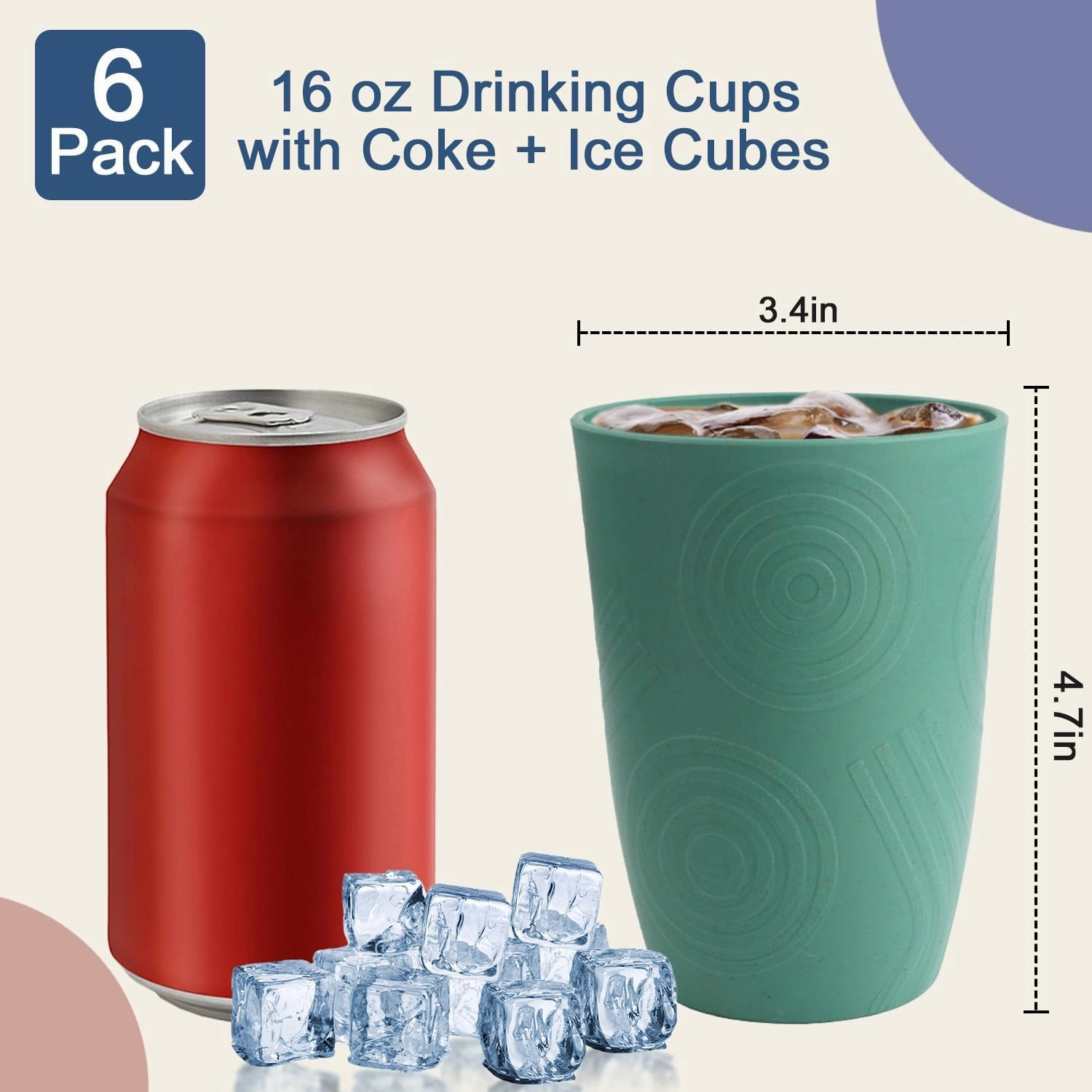 Drinking Cups Set Wheat Straw Cups 16 OZ - Reusable Water Cups Plastic Drinking Glasses 6 PCS Dishwasher Safe Cup Unbreakable Kitchen Cup for Camping, Outdoor Activities -Green