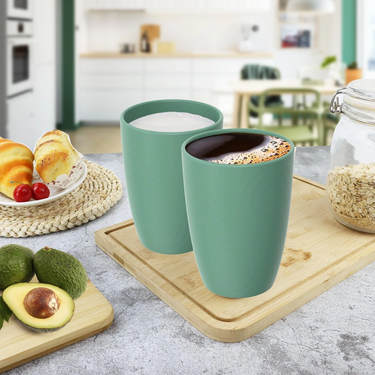 Drinking Cups Set Wheat Straw Cups 16 OZ - Reusable Water Cups Plastic Drinking Glasses 6 PCS Dishwasher Safe Cup Unbreakable Kitchen Cup for Camping, Outdoor Activities -Green