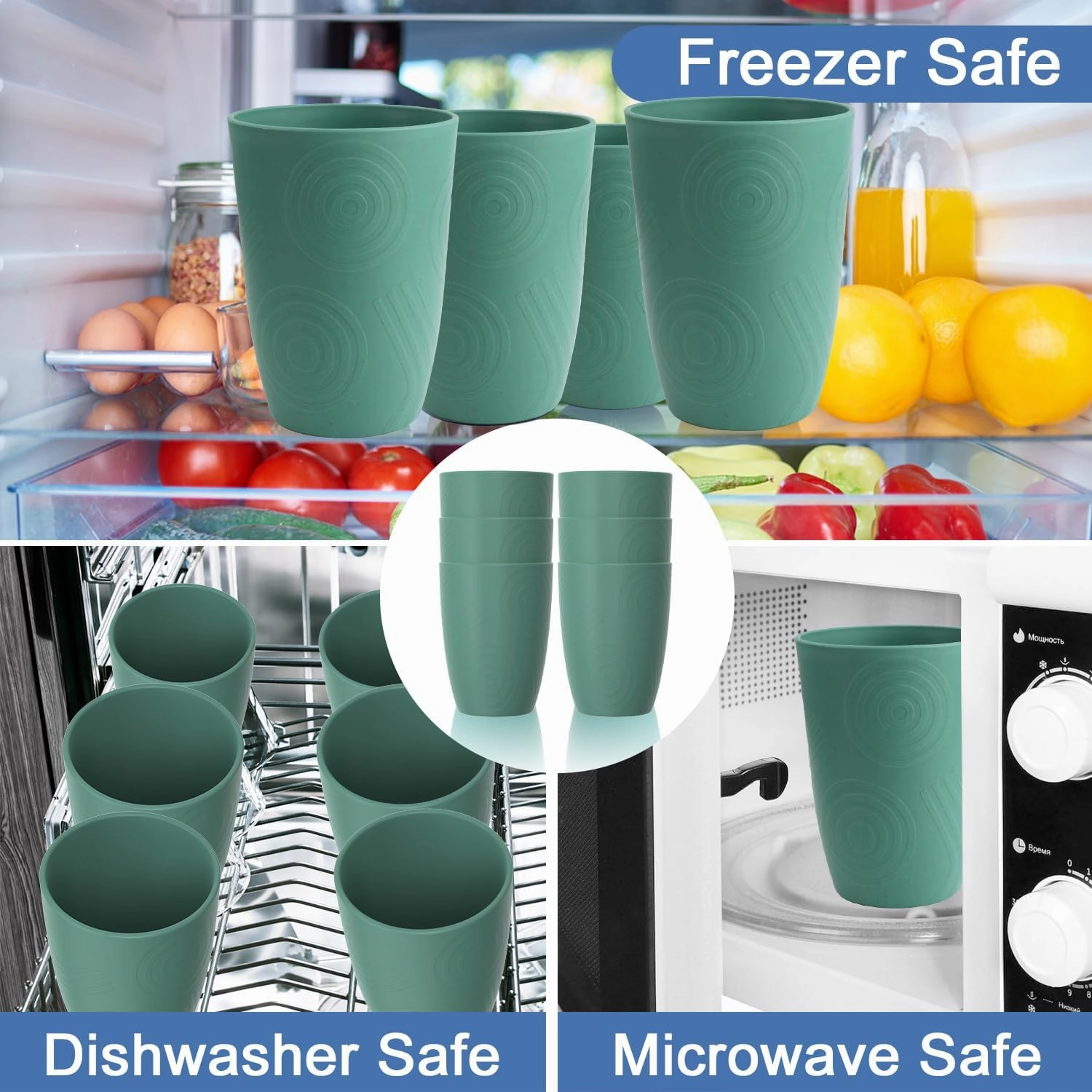 Drinking Cups Set Wheat Straw Cups 16 OZ - Reusable Water Cups Plastic Drinking Glasses 6 PCS Dishwasher Safe Cup Unbreakable Kitchen Cup for Camping, Outdoor Activities -Green