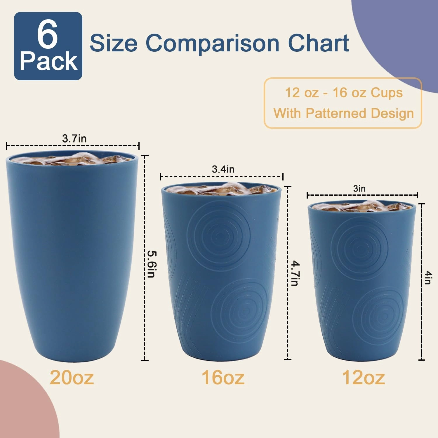 Drinking Glasses Wheat Straw Cups Alternative to Plastic Cups 16 OZ - Unbreakable Cup Set of 6 Reusable Drinking Cup Plastic Glasses Tumbler Dishwasher Safe Cups for Kitchen - Blue
