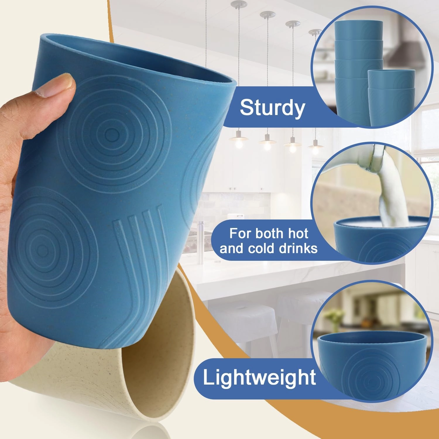 Drinking Glasses Wheat Straw Cups Alternative to Plastic Cups 16 OZ - Unbreakable Cup Set of 6 Reusable Drinking Cup Plastic Glasses Tumbler Dishwasher Safe Cups for Kitchen - Blue
